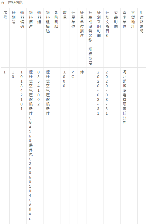 邯峰2020-6-螺桿式空氣壓縮機(jī)備件\保養(yǎng)包詢價書