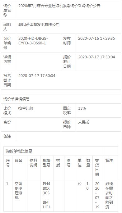 2020年7月綜合專業(yè)壓縮機(jī)緊急詢價采購詢價公告